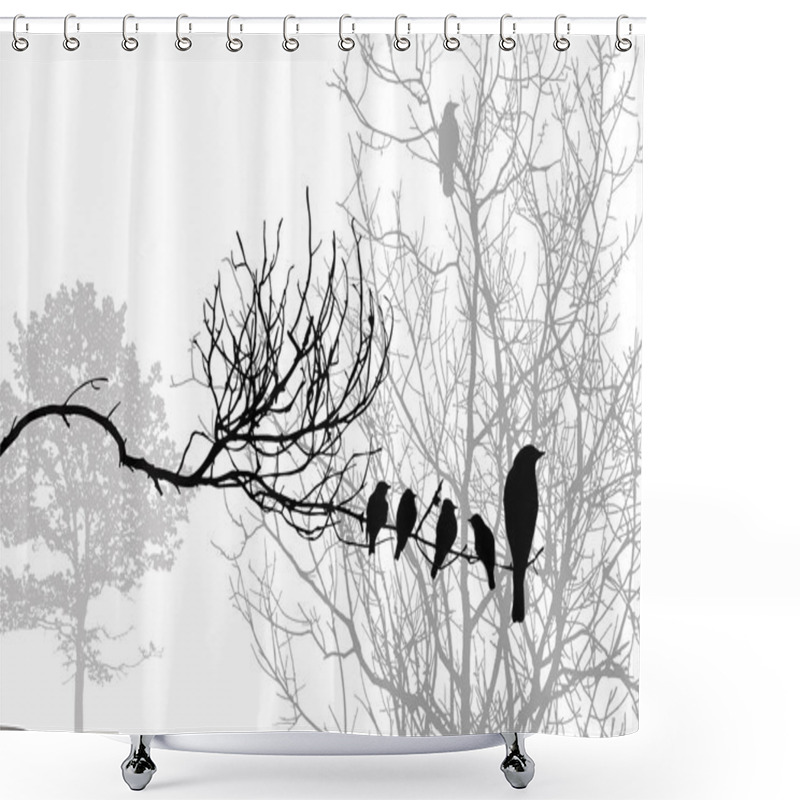 Personality  Birds Silhouette On Wood Branch, Vector Illustration Shower Curtains