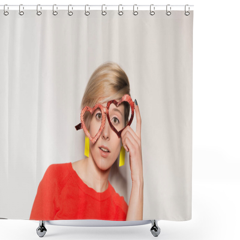 Personality  Valentine's Day. Girl With Glasses In The Shape Of Heart Shower Curtains