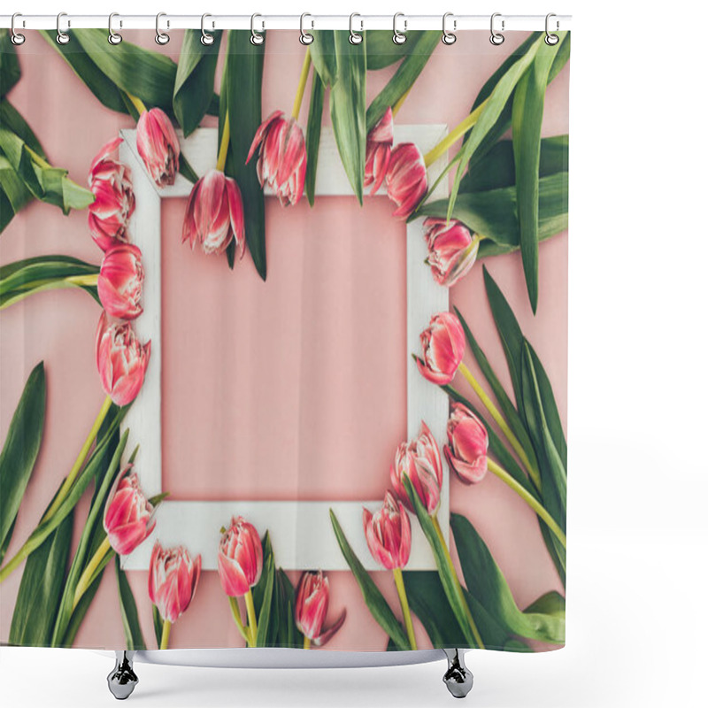 Personality  Beautiful Pink Tulips With Green Leaves And Empty White Frame On Pink    Shower Curtains