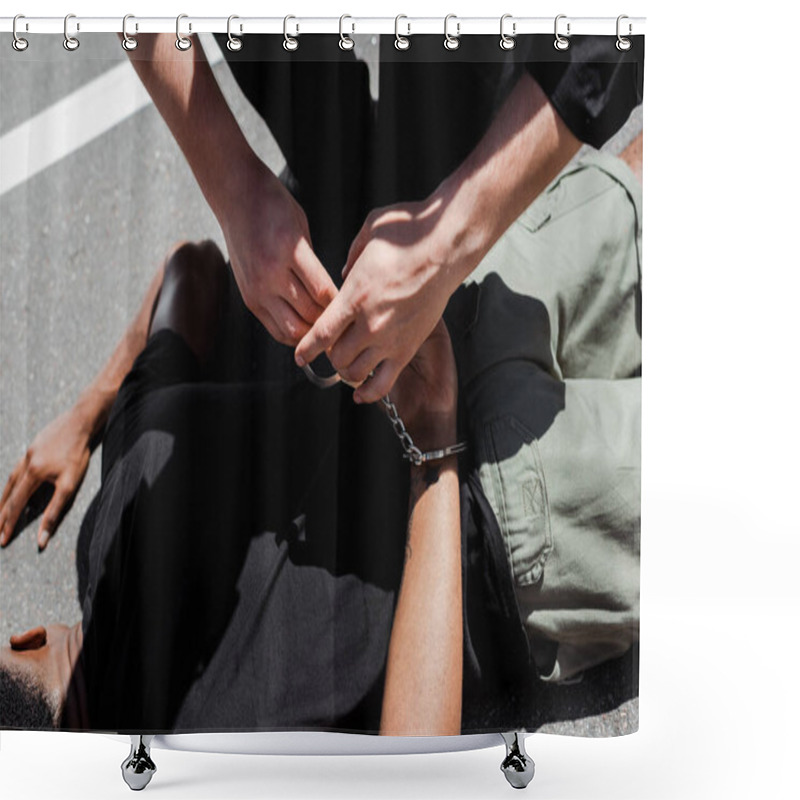 Personality  Cropped View Of Police Officer Holding Handcuffs While Detaining African American Man On Street, Racism Concept  Shower Curtains