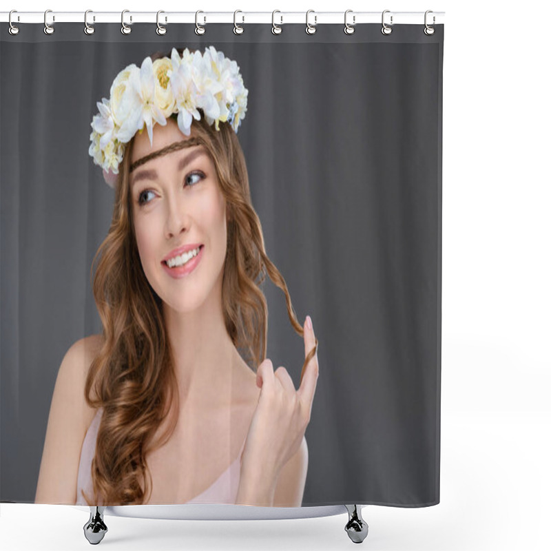 Personality  Playful Young Woman With Curly Hair In Floral Wreath Isolated On Grey Shower Curtains