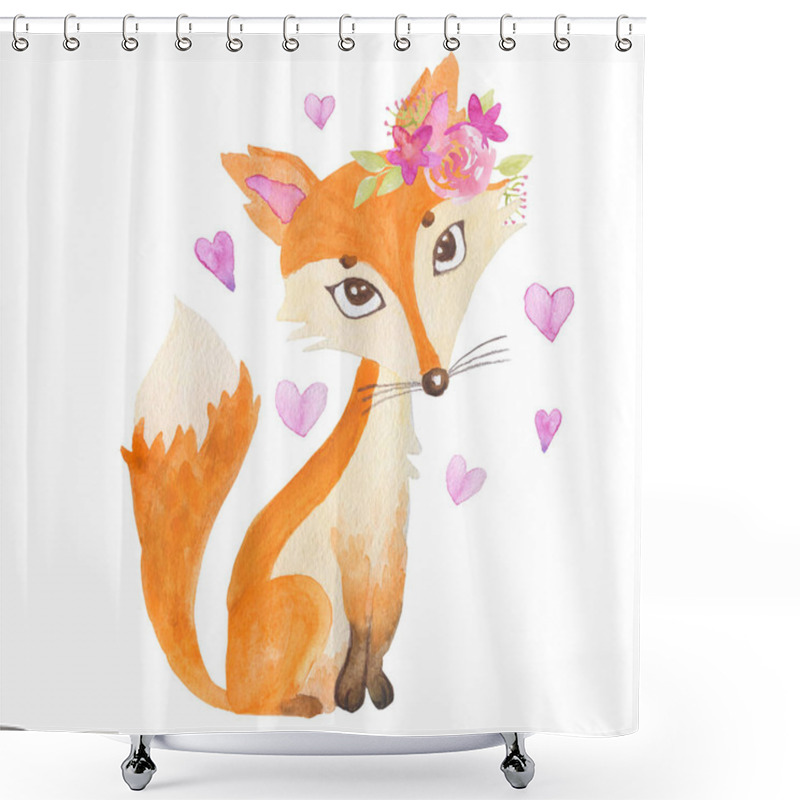 Personality  Cute Litttle Fox In Love With A Wreath On One Ear And Surrounded By Hearts. Red Forest Animal.  Watercolor Illustration Isolated On White Background. Poster For Kids Design Shower Curtains