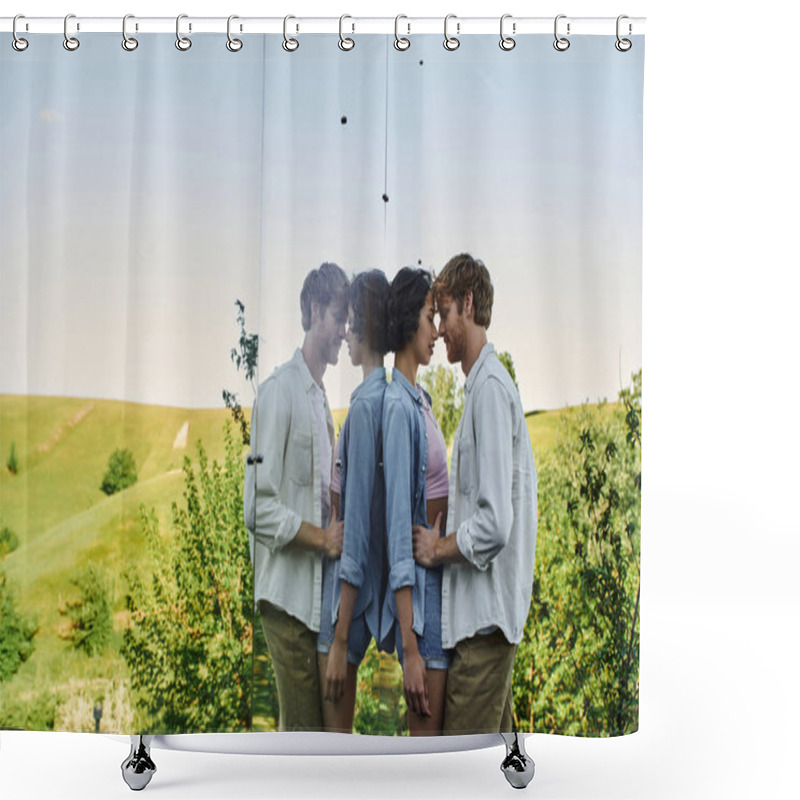 Personality  Young Interracial Couple Standing Face To Face And Embracing Near Mirror Wall Of Glass House Shower Curtains