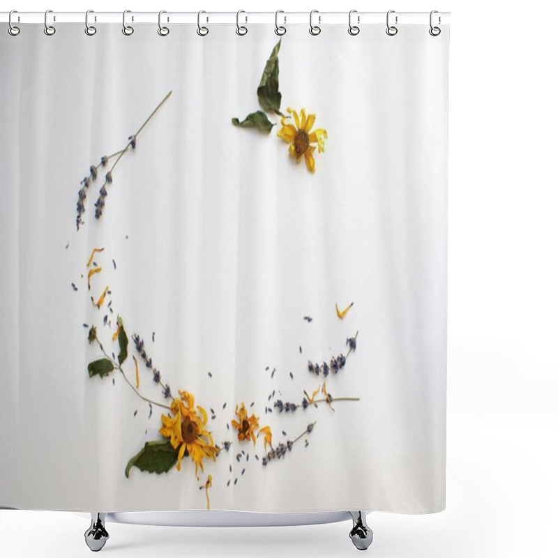 Personality  Delicate Arrangement Of Dried Yellow Flowers And Lavender On A Light Surface. Shower Curtains