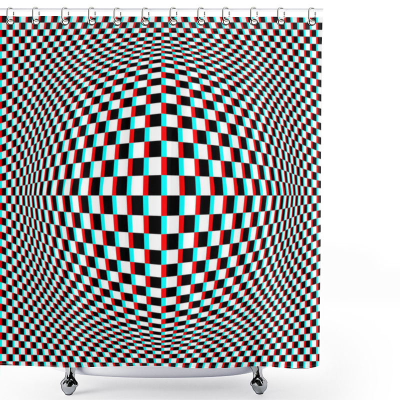 Personality  Optical Art Round Bubble Of White Black And Cyan Red Checkered Pattern In Anaglyph Style. Psychedelic Distorted Square Chess Background Design. Shower Curtains