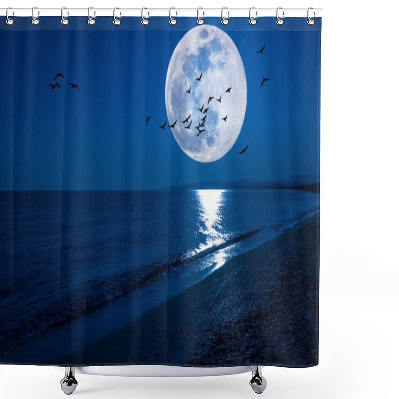 Personality  Fantasy Night Seascape With Super Moon And Flying Birds Shower Curtains