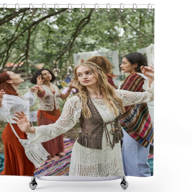 Personality  Young Blonde Woman In Boho Outfit Dancing Near Interracial Friends In Retreat Center Shower Curtains