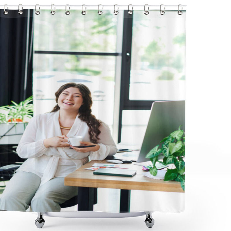 Personality  The Young Plus Size Woman Enjoys A Peaceful Afternoon At Office, Sipping Her Tea And Smiling. Shower Curtains