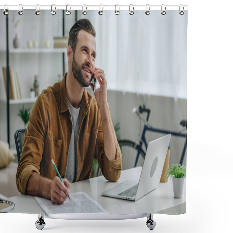 Personality  Handsome And Smiling Man Talking On Smartphone And Holding Pencil  Shower Curtains