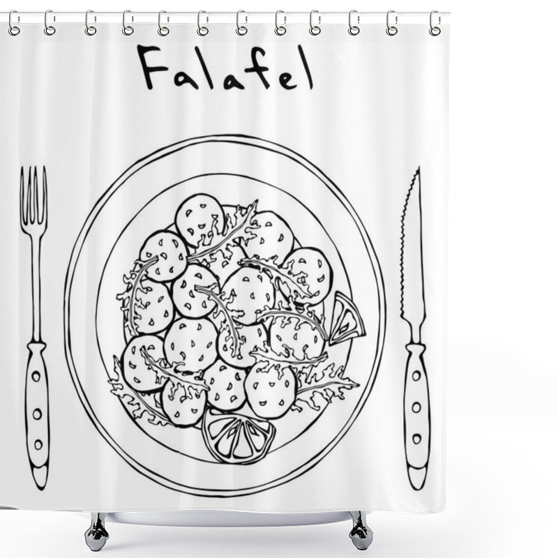 Personality  Falafel, Arugula Herb Leaves, Lemon On Plate, Fork, Knife. Middle Eastern Cuisine. Arabic Israel Vegetarian Healthy Fast Food. Jewish Street. Realistic Hand Drawn Illustration. Savoyar Doodle Style. Shower Curtains