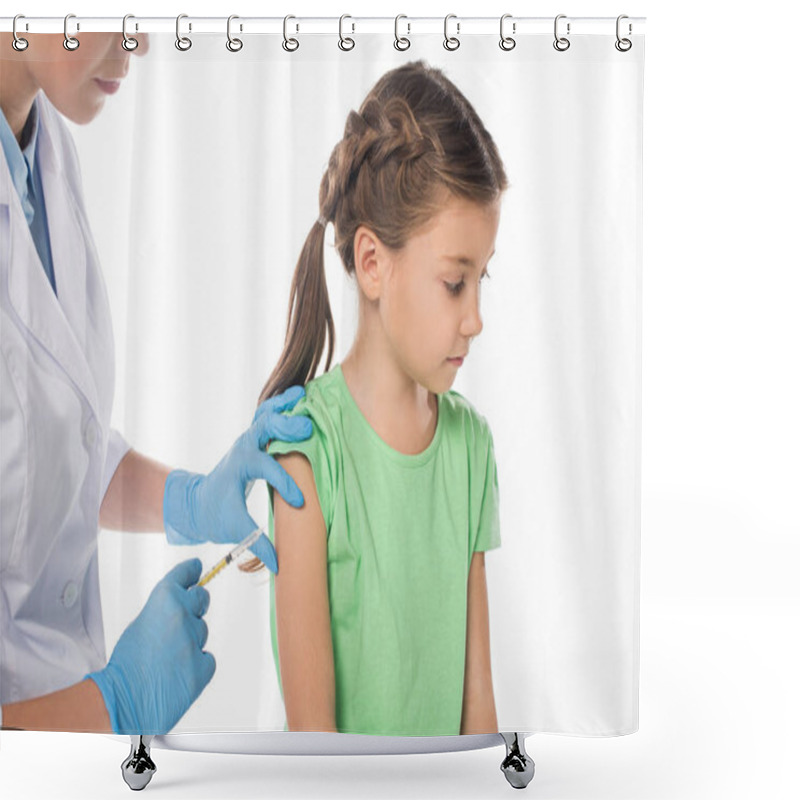 Personality  Pediatrician Doing Injection With Vaccine To Kid Isolated On White Shower Curtains