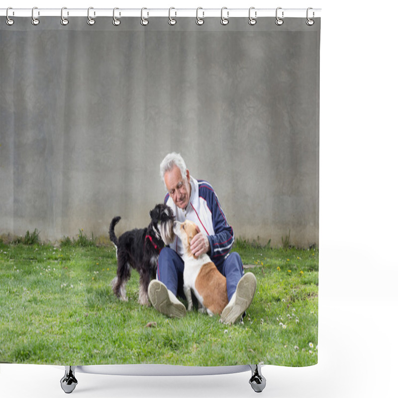 Personality  Old Man With Dogs Shower Curtains