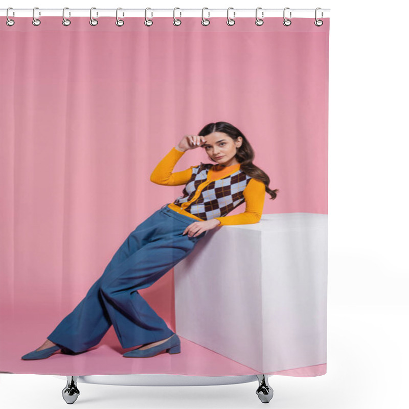 Personality  Full Length Of Pretty Woman In Trendy Cardigan And Blue Pants Leaning On White Cube On Pink Background Shower Curtains