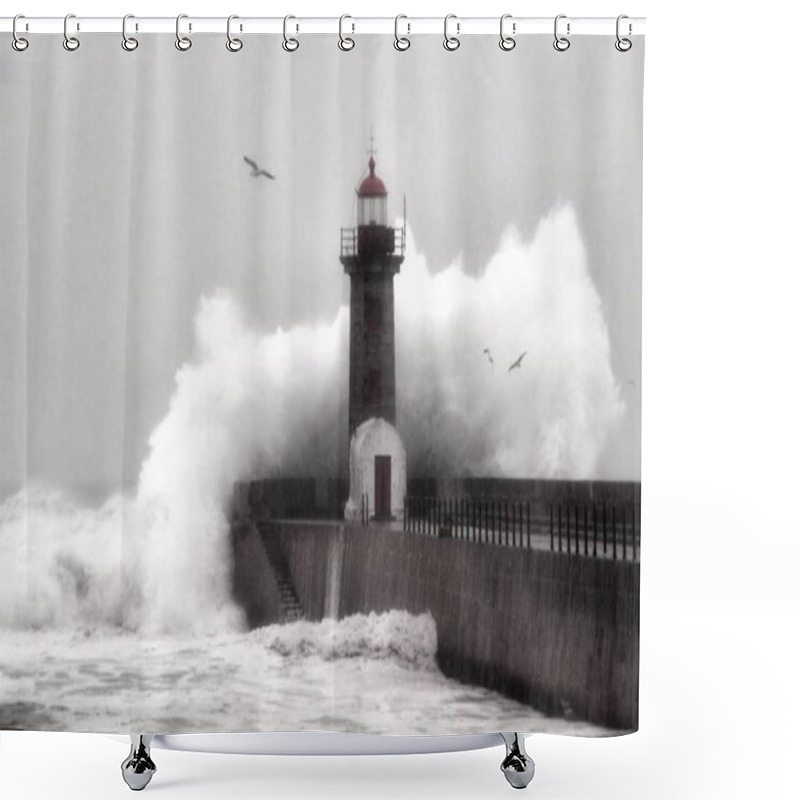 Personality  Storm In Oporto Lighthouse, Portugal Shower Curtains