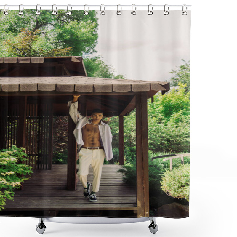 Personality  Full Length Of African American Man In Trendy Clothes Posing In Wooden Patio In Summer Park Shower Curtains