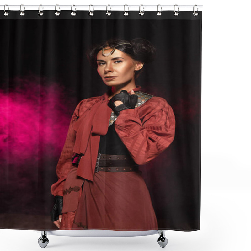 Personality  Attractive Steampunk Woman Looking At Camera In Smoke On Black Shower Curtains