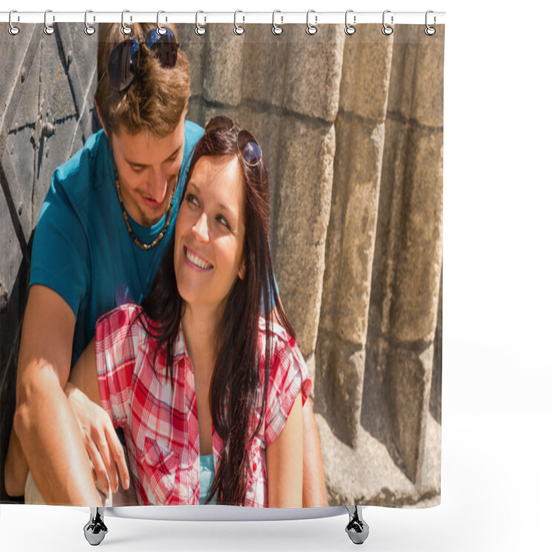 Personality  Young Happy Couple Lean Against Building Door Shower Curtains