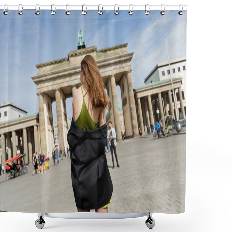 Personality  BERLIN, GERMANY - MAY 13, 2022: Back View Of Young Woman Standing Near Brandenburg Gate   Shower Curtains