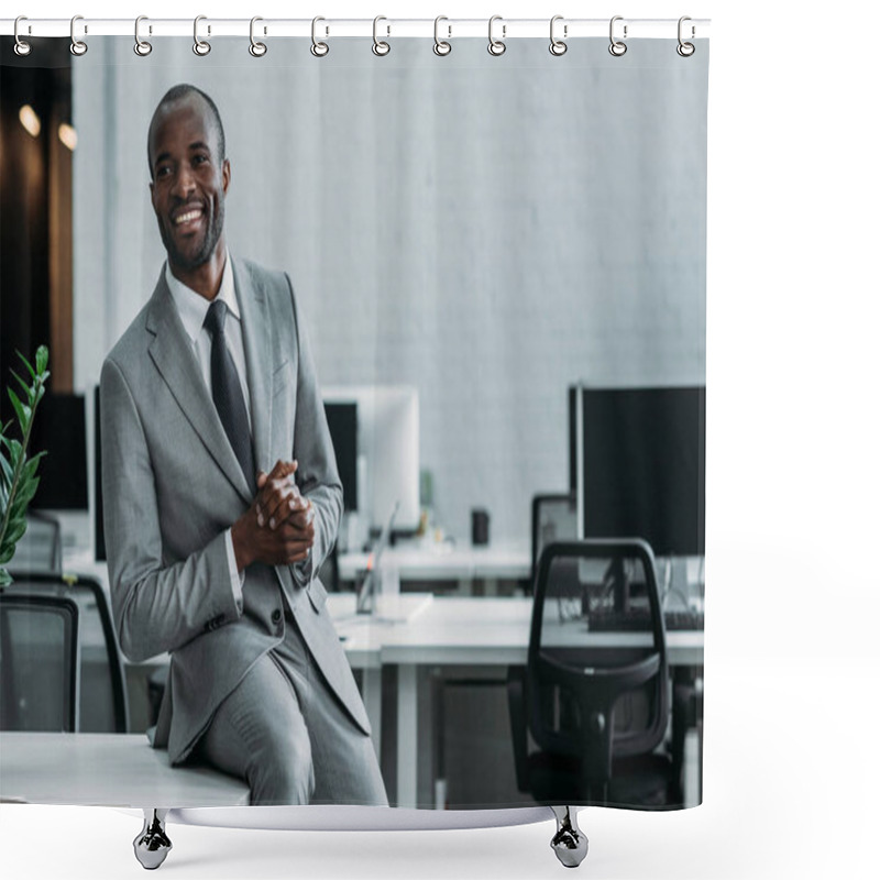 Personality  Smiling African American Businessman Sitting On Table In Office Shower Curtains