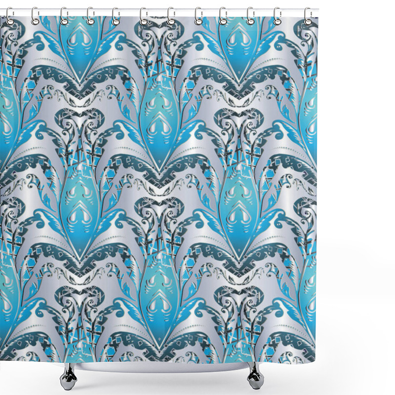 Personality  Baroque Blue Silver Seamless Pattern. Vector Floral Background  Shower Curtains