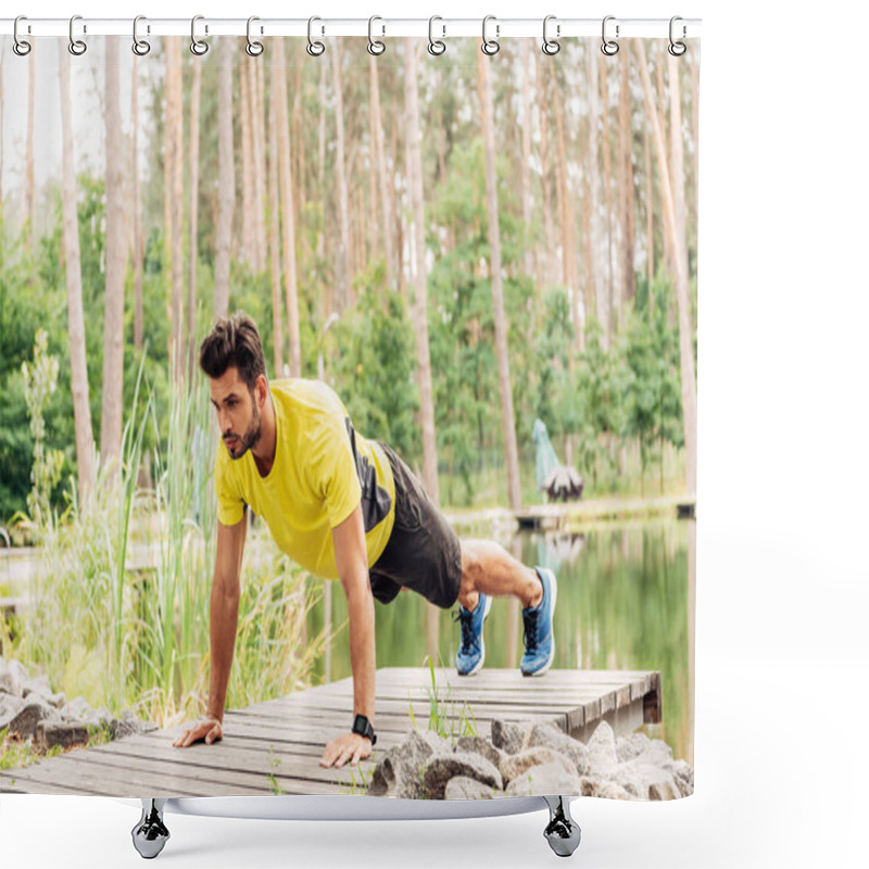 Personality  Athletic Man In Sportswear Doing Press Ups Near Lake In Forest  Shower Curtains