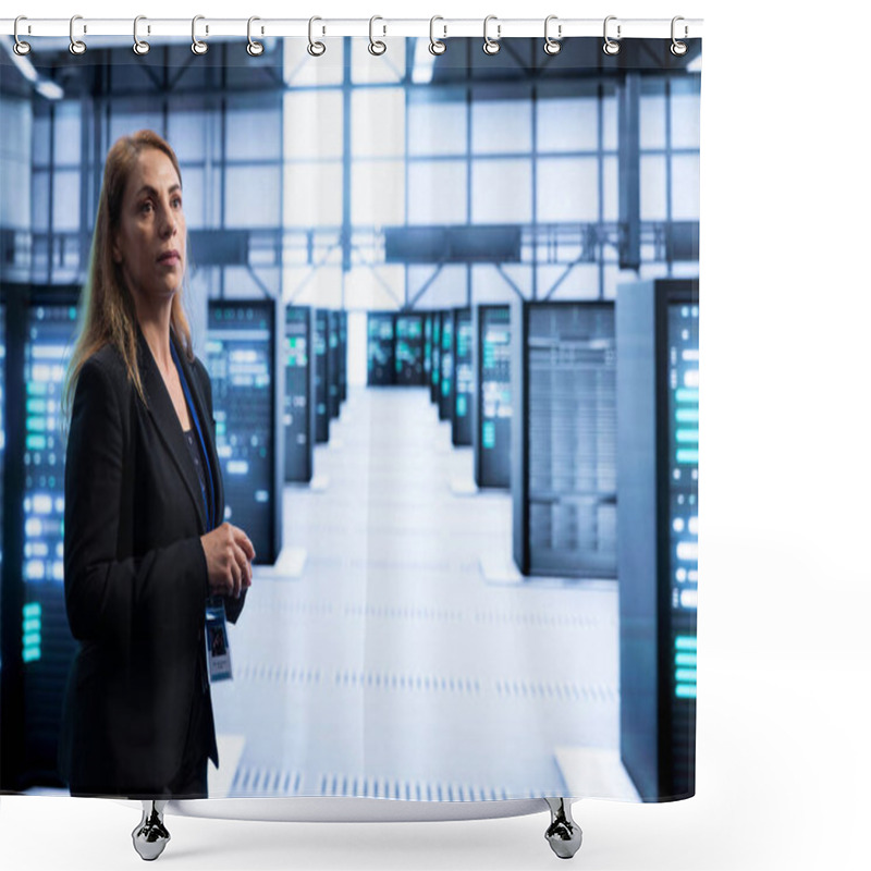 Personality  System Administrator Walking In Server Hub, Checking Hardware After Installing Storage Units. Woman In Data Center Doing Maintenance After Replacing Rackmounts Components Shower Curtains