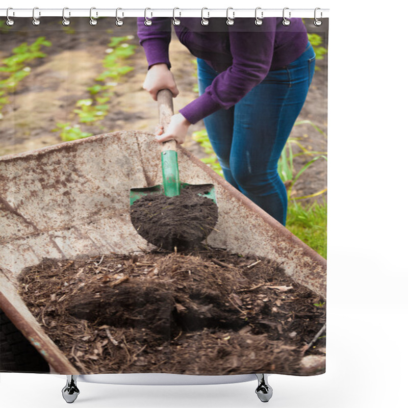 Personality  Photo Of Woman Taking Compost From Wheelbarrow With Shovel Shower Curtains