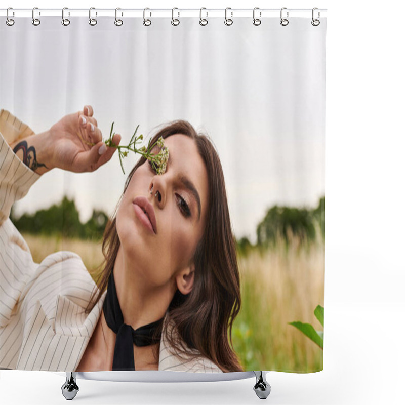 Personality  A Beautiful Young Woman In White Attire Enjoys A Summer Breeze In A Field, Holding A Flower In Her Hand. Shower Curtains