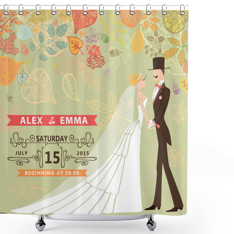 Personality  Retro Wedding Invitation With Bride,groom,autumn Leaves Shower Curtains