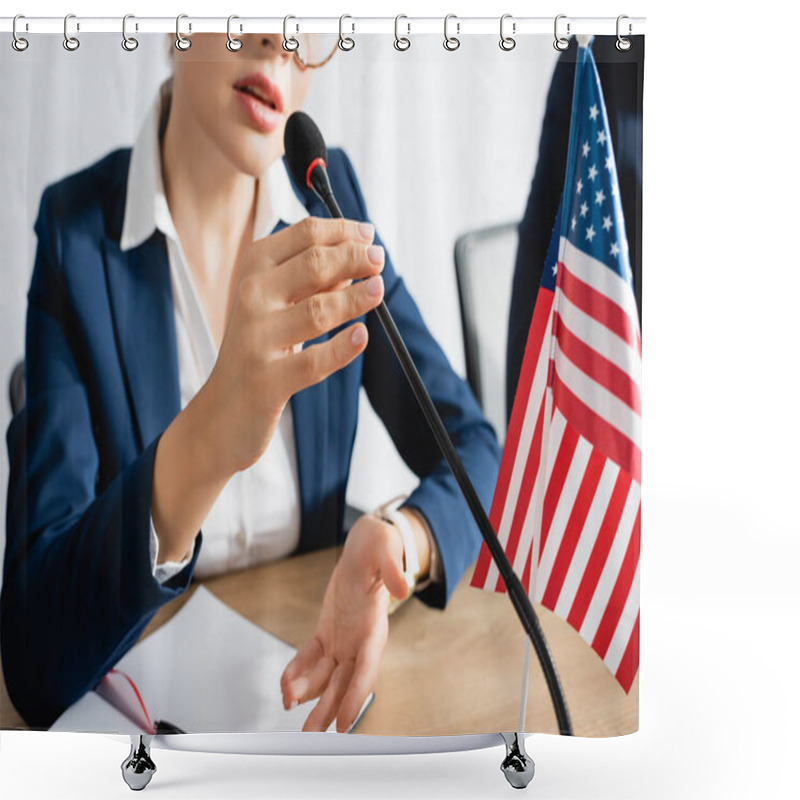 Personality  Cropped View Of Female Politician Speaking In Microphone, While Sitting At Table Near Usa Flag In Boardroom Shower Curtains