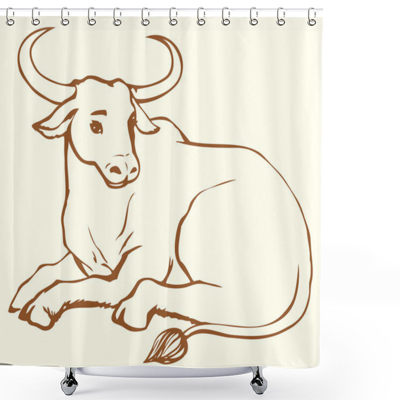 Personality  Vector Contour Illustration Of Lying Cow With Big Horns Shower Curtains