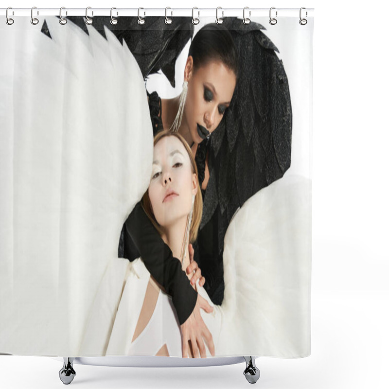 Personality  Black Demon Embracing And Tempting Light Holy Angel On White Backdrop, Spiritual Warfare Concept Shower Curtains