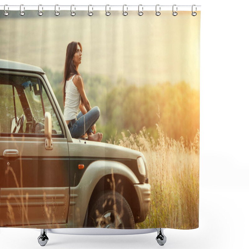 Personality  Attractive Yong Woman Is Sitting On The Car's Hood And Looking At Sunset. Rural Evening Background. Shower Curtains