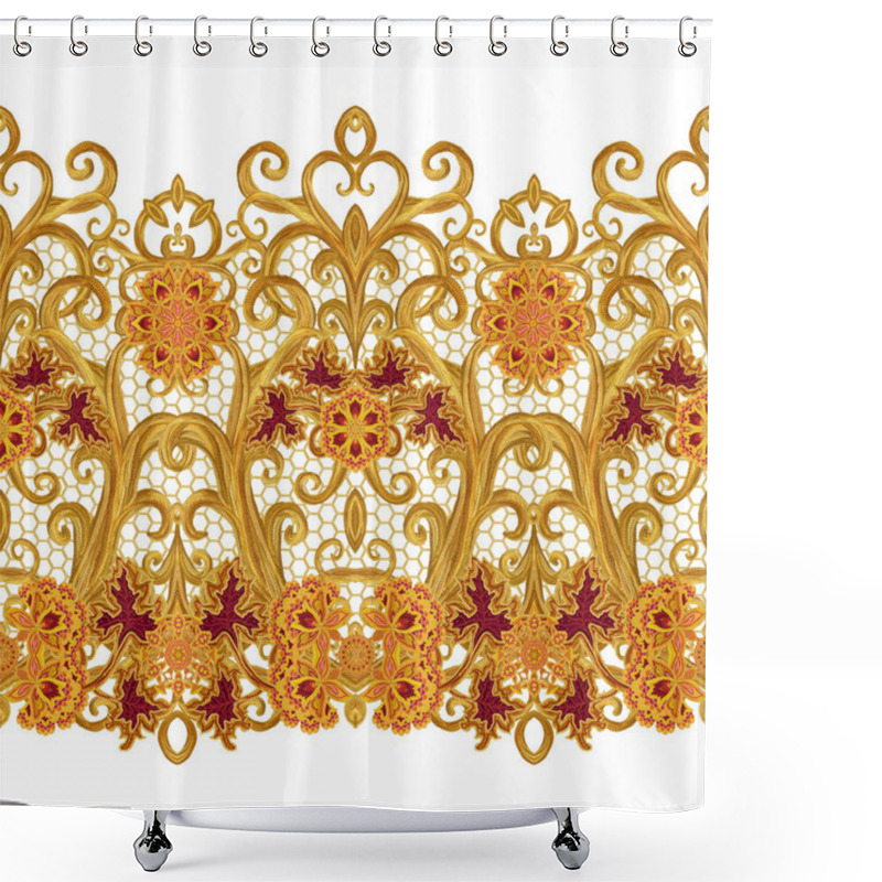 Personality  Seamless Pattern. Golden Textured Curls. Oriental Style Arabesques. Brilliant Lace, Stylized Flowers. Openwork Weaving Delicate, Golden Background. Paisley, Indian Cucumber. Shower Curtains