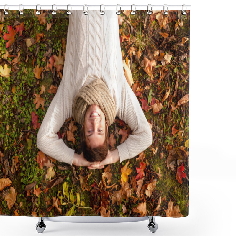 Personality  Smiling Young Man Lying On Ground In Autumn Park Shower Curtains