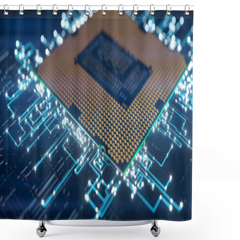 Personality  A Computer Processor With Millions Of Connections And Signals. Technology Cpu Background. Pulses And Signals From The Chip Propagate Through The Motherboard. 3d Illustration Shower Curtains