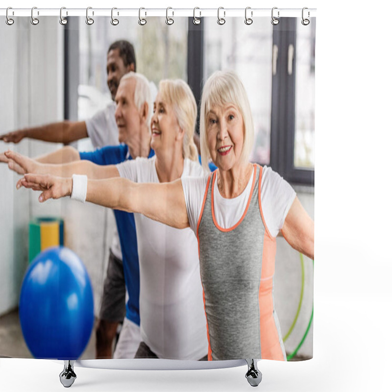 Personality  Happy Senior Multiethnic Sportspeople Synchronous Exercising At Sports Hall Shower Curtains