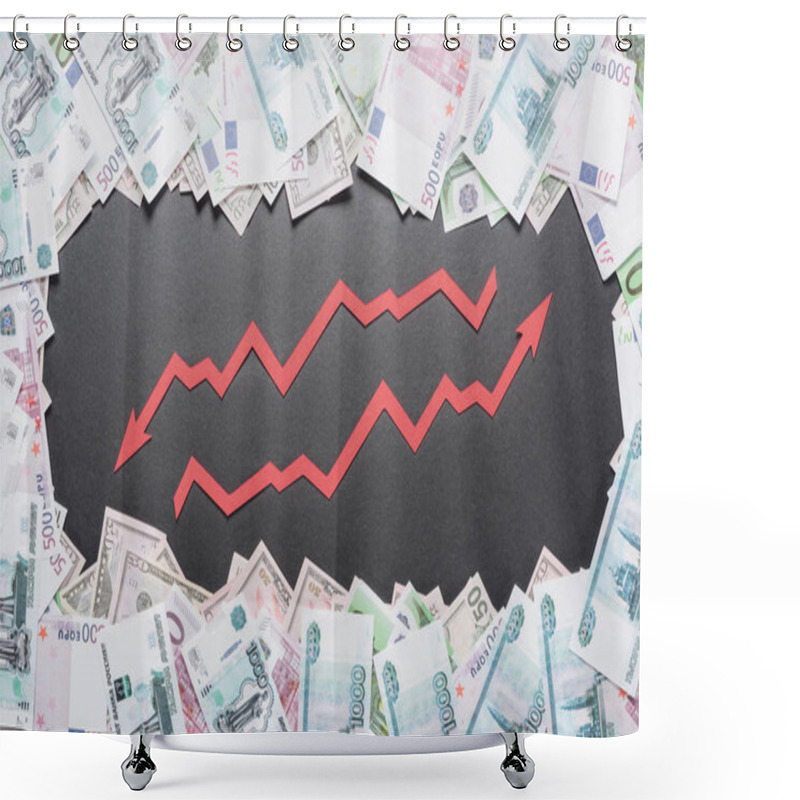 Personality  Increase And Recession Arrows In Frame Of Dollar, Euro And Ruble Banknotes On Black Background Shower Curtains