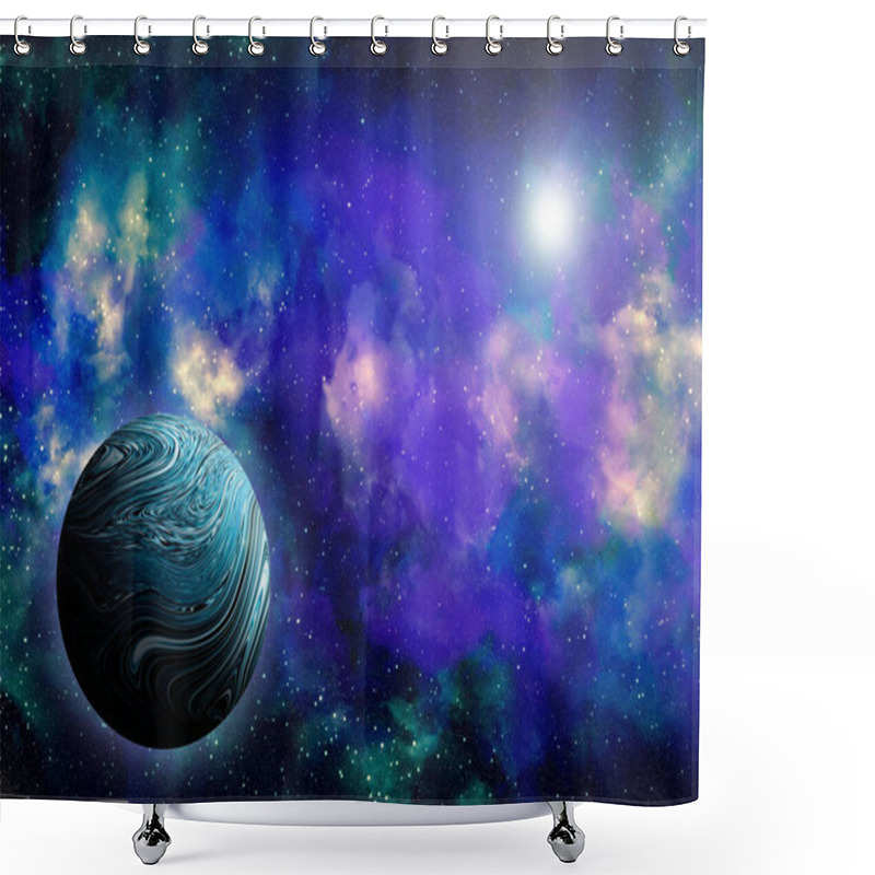 Personality  Unknown Planet From Outer Space. Space Nebula. Cosmic Cluster Of Stars. Outer Space Background. 3D Illustration. Shower Curtains