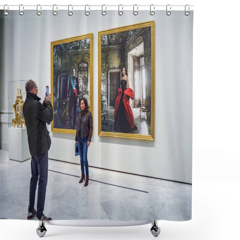 Personality  Madrid, Spain - December 3, 2024. Visitors At The Tyranny Of Chronos Exhibition In Banco De Espana, Admiring Royal Portraits Of Spanish Kings By Annie Leibovitz Depicting The Spanish Monarchy. Shower Curtains