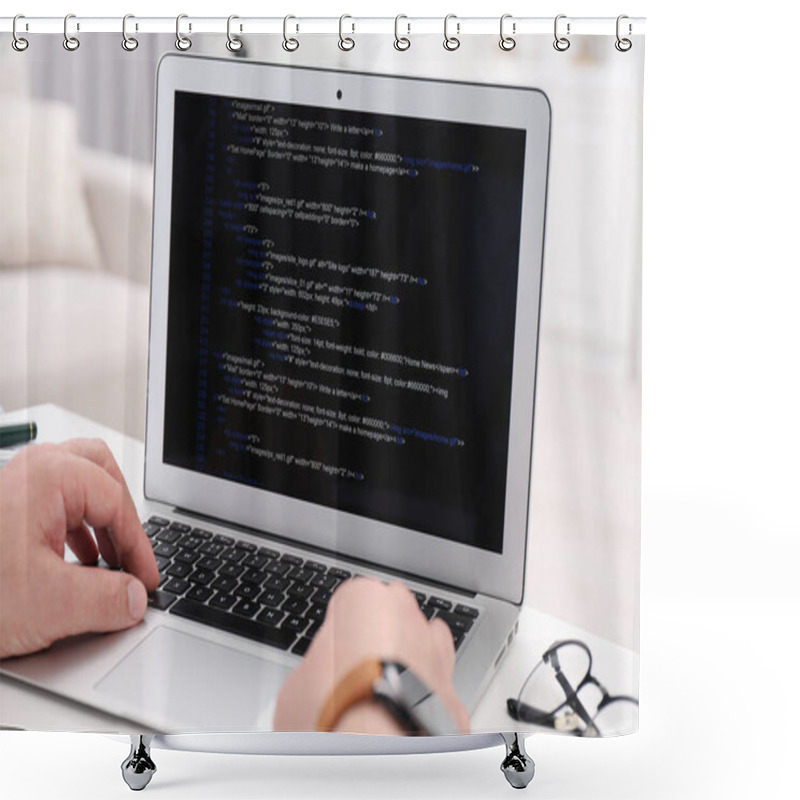 Personality  Programmer Working With Laptop At White Desk In Office, Closeup Shower Curtains