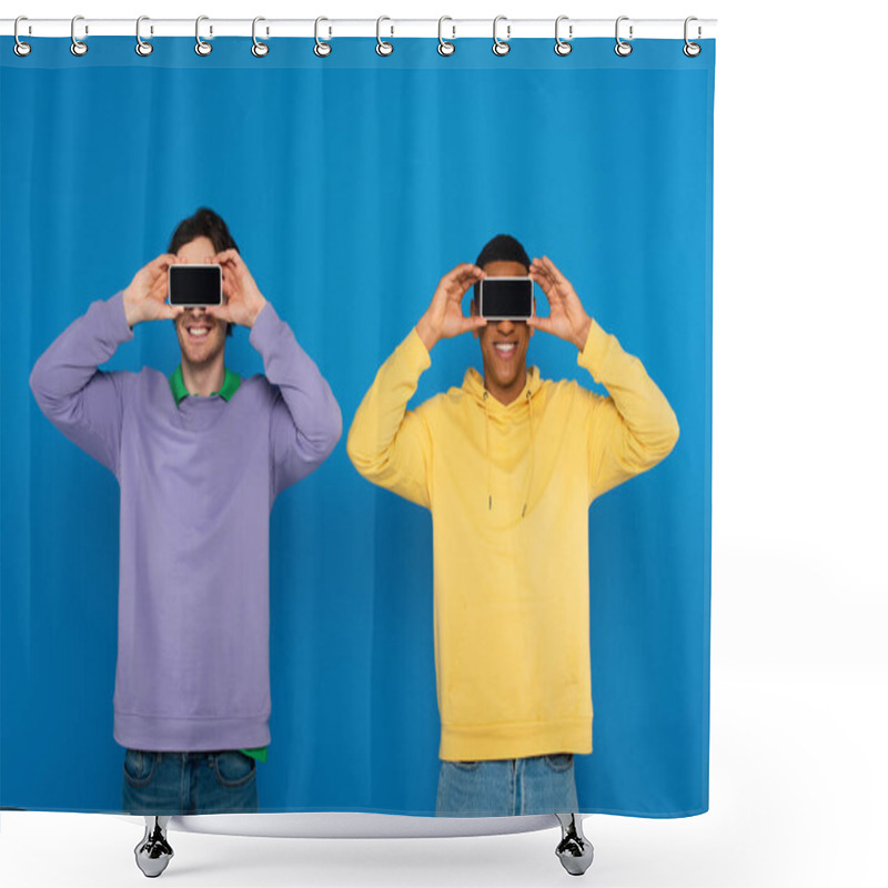 Personality  Interracial Hipsters Covering Eyes With Blank Screen Smartphones Isolated On Blue Shower Curtains