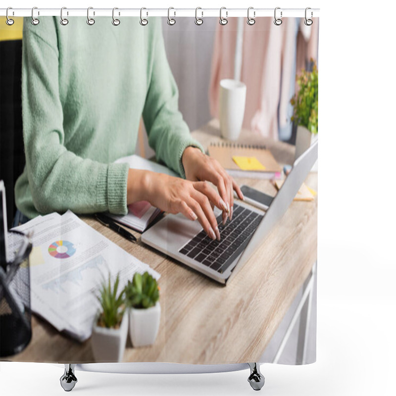 Personality  Cropped View Of Freelancer Using Laptop Near Papers With Charts On Blurred Foreground  Shower Curtains