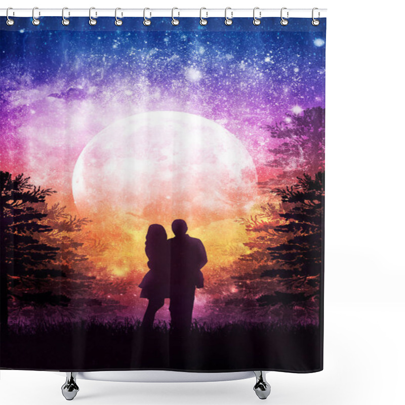 Personality  Silhouette Of A Gentle Couple In Love On A Background Of A Cosmic Sunset With A Moon And Stars, A Romantic Evening Under A Fantastic Boundless Sky, A Magic Landscape With Dark Grass And Tree Branches. Shower Curtains