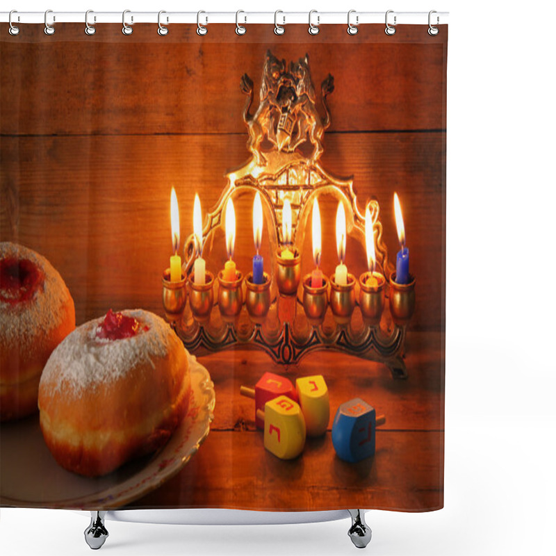 Personality  Image Of Jewish Holiday Hanukkah With Menorah (traditional Candelabra), Donuts. Retro Filtered Image With Glitter Overlay . Shower Curtains