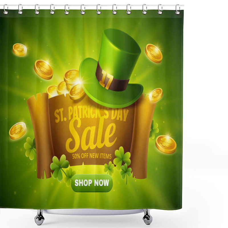 Personality  St. Patrick's Day Sale Popup Ads On Scroll With Green Leprechaun Hat And Golden Coins Shower Curtains