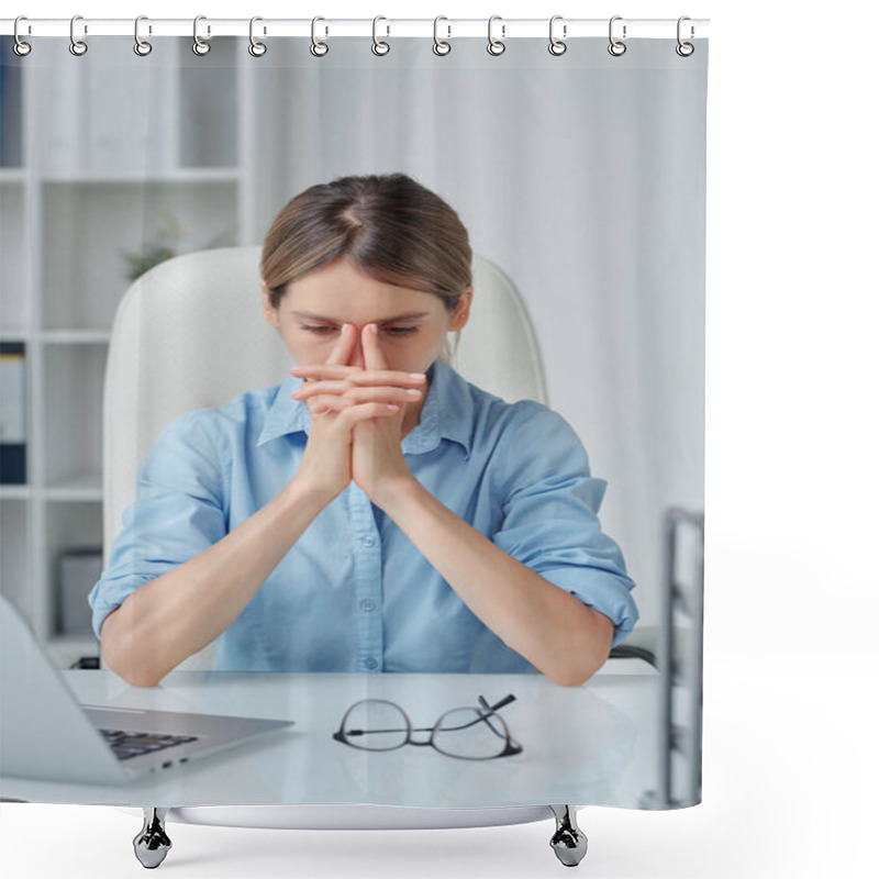 Personality  Young Tense Businesswoman Keeping Her Hands By Face While Trying To Concentrate On Work And Thinking About New Strategies In Office Shower Curtains