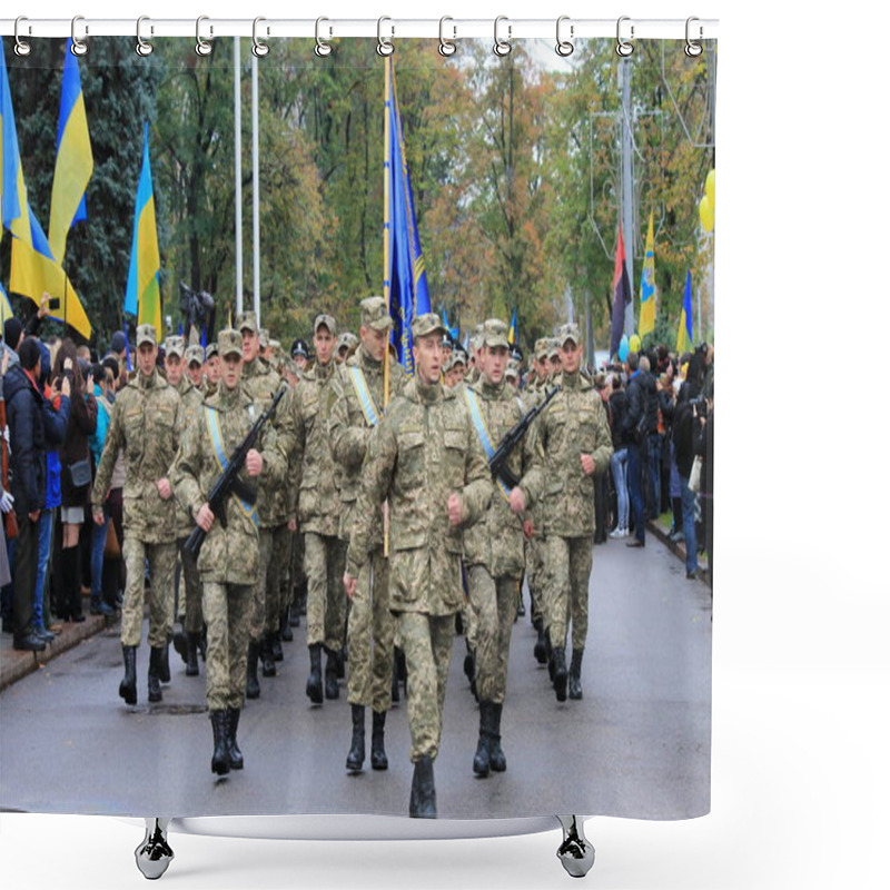 Personality  Military Parade In Ukraine. A Line Of Soldiers Of Ukrainian Army With Weapons And Flags Is Parade On Defender Day. Dnipro City, Dnepropetrovsk, Ukraine, 14 10 2019 Shower Curtains