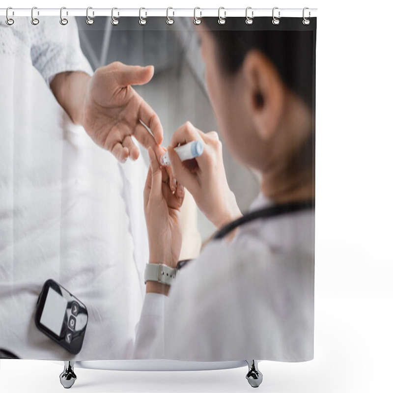 Personality  Blurred Doctor Holding Lancet Pen Near Hand Of Patient With Diabetes In Hospital Ward  Shower Curtains