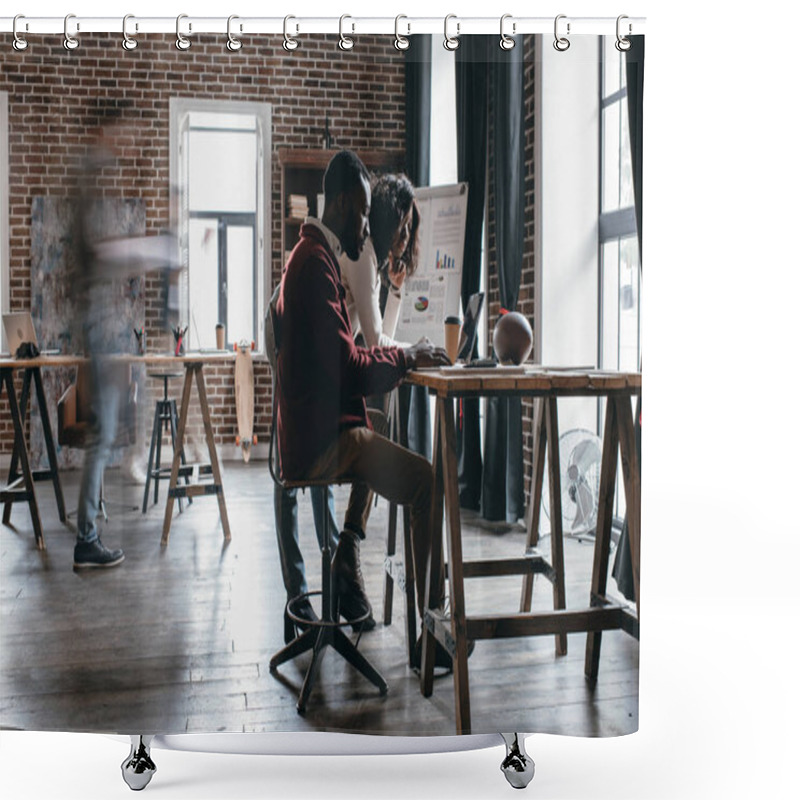 Personality  African American Couple Of Casual Businesspeople Working At Desk With Colleagues In Motion Blur In Modern Loft Office Shower Curtains